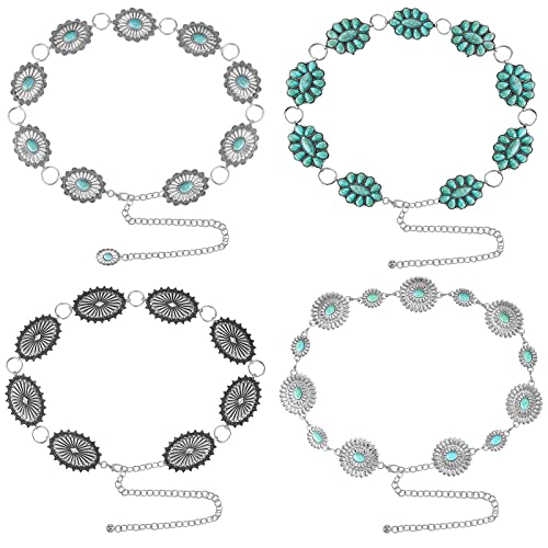 Henoyso 4 Pcs Western Turquoise Concho Chain Belt for Women Silver Oval Flowers Chain Belt Adjustable Metal Belt with Buckle for Women Dresses