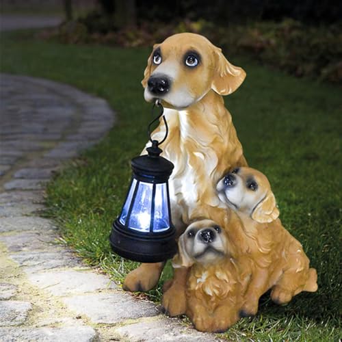 Statue de chien avec lanterne solaire déco jardin extérieur figurines chiots - 7