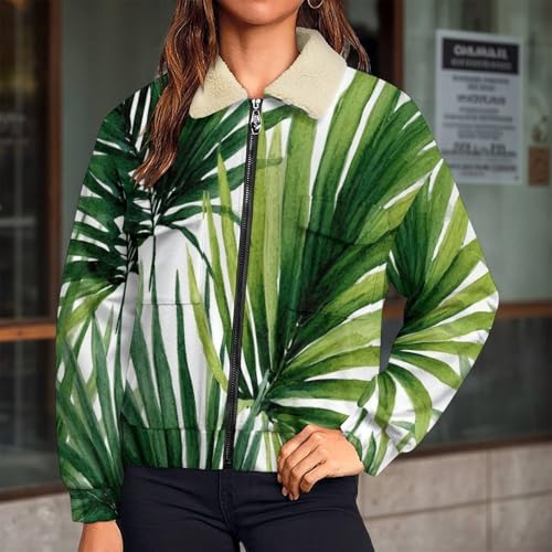 Chaqueta de invierno para mujer con forro polar y estampado de hojas de palma 2