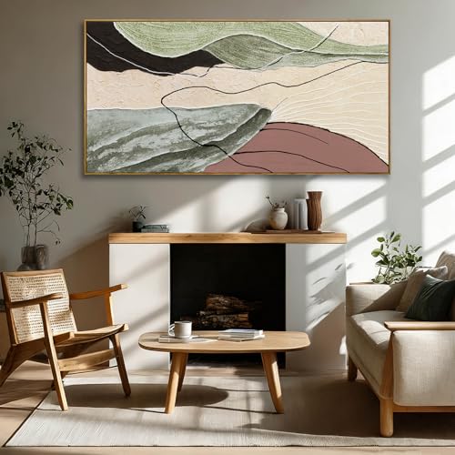 Image of Brown Green Abstract Canvas Wall Art, Framed Beige White Painting, Neutral Black Prints Wall Decor,29x58 In Artwork for Living Room, Bedroom