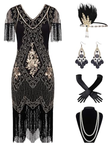 881A - Plus Size 1920s Vintage Fringed Sleeves Gatsby Sequin Beaded Tassels Hem Flapper Party Cocktail Dress with Accessories (Black Gold, 5X)