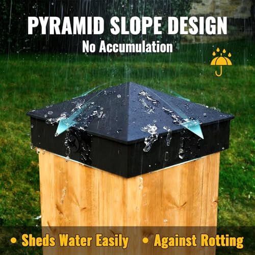Image of VIVIDA 4x4 Aluminum Post Caps(Actual 3.5 inch x 3.5 inch), Black Metal Fence Post Caps with Waterproof Matte Powder Coated, for Wooden Fence, Deck, Mailbox, Patio, Pyramid Style, Screw Included, 2 Pack