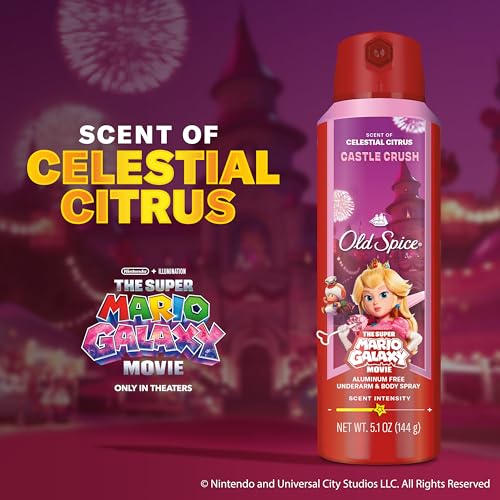 Image of Old Spice Aluminum Free Body Spray for Men, Old Spice x The Super Mario Galaxy Movie, 24 /7 Lasting Freshness, Lasting Odor Protection, Smell Super with Castle Crush, Celestial Citrus Scent, 5.1 oz
