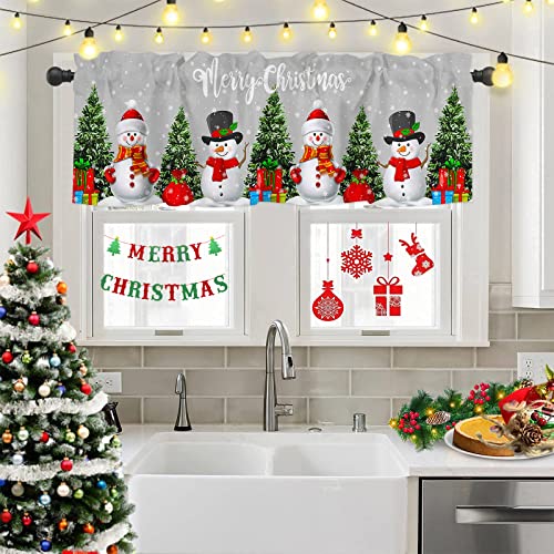 Yokou 3 Piece Curtains Tiers And Valances Set, Merry Christmas Tree Snowman Gift Snowflake Winter Gray Rod Pocket Short Window Treatment Tiers Curtains Panel And Valance For Cafe Bathroom Kitchen #TOP2