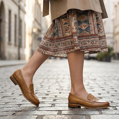 Image of Mona flying Women's Classy Leather Penny Loafer Dress Casual Slip on Flat Office Work Shoes for Ladies