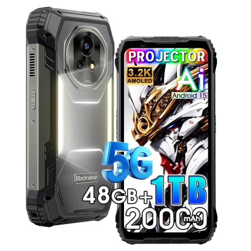 Blackview XPLORE 2 Projektor (48GB+1TB) 5G Outdoor Handy ohne Vertrag, Android 15 Dimensity 8300 Handy AI, 6,73" FHD+ 3.2K Baustellenhandy, 2 * 2W Lautsprecher, 50MP+50MP, 20000mAh Outdoor Smartphone