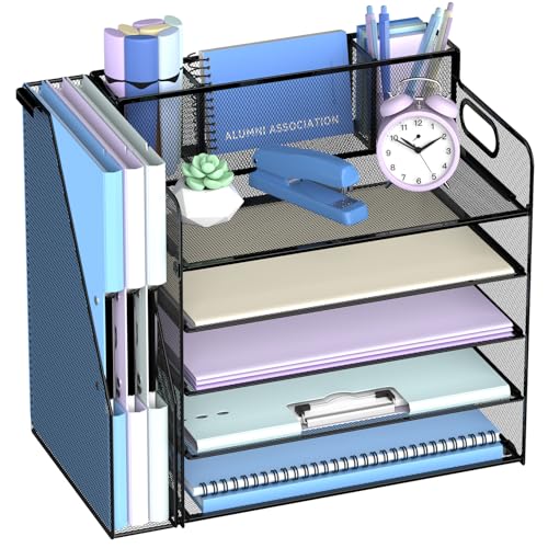SUPEASY Desk Organizer with Magazine Holder, 5-Tier Paper Organizer for Desk Accessories with Pen Holder, Paper Letter Tray for Home, Office and School Supplies, Black image 6