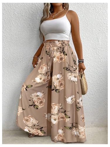 Women's Plus Size Floral Palazzo Pants Elastic High Waist Wide Leg Boho Vacation Long Trousers3