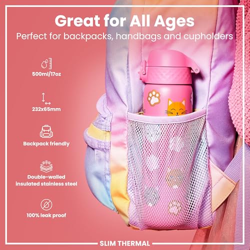 Ion8 Vacuum Insulated Steel Water Bottle, 500 ml/17 oz, Leak Proof, Easy to Open, Secure Lock, Dishwasher Safe, Fits Cup Holders, Carry Handle, Scratch Resistant, Metal Water Bottle, Cats