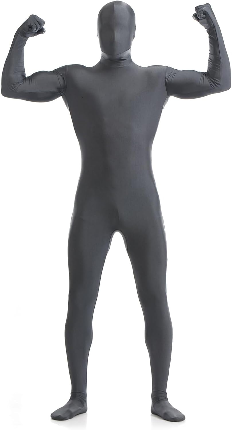 Men's Grey Full Body Unitard with Mask Long Sleeve Zipper Back Jumpsuit One Piece Bodysuit Second Skin Dancewear, Dark-Grey, M/155-165cm
