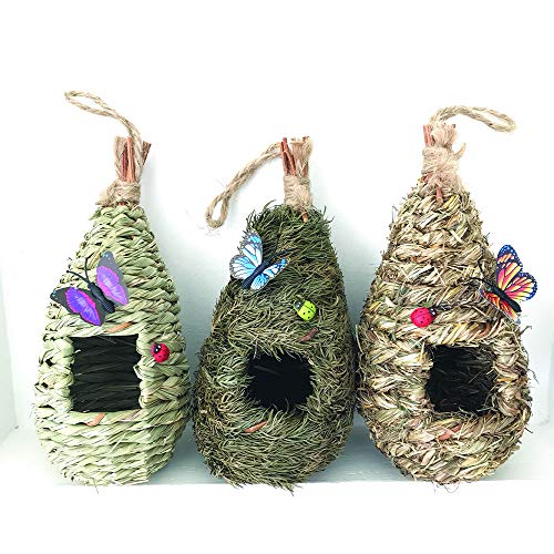 AROMA TREES Set of 3 Bird Hut 9” x 4”, Hand Woven Small Hanging Birdhouses Hummingbird Nesting Chickadee House, Wren Nest Fiber, Bird Hideaway Sparrow House for Finch & Canary