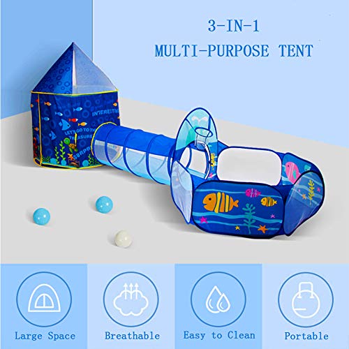 LOJETON 3pc Ocean World Kids Play Tent, Tunnel & Ball Pit with Basketball Hoop for Boys, Girls and Toddlers - Indoor/Outdoor Playhouse, Lightweight, Easy to Setup