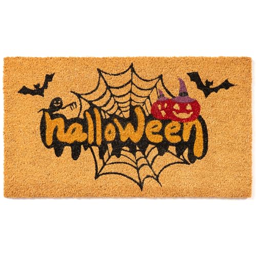 Fallovea Halloween Welcome Door Mat Combo Set, Spider Web Coco Coir Doormat - Black and White Rug, Autumn Front Porch Entryway Decor Floor Mat (Spider Web, 30''*17'') - image 1