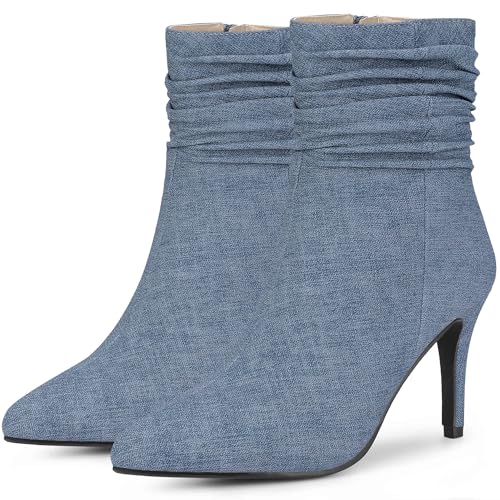 Perphy Slouched Boot Stiletto Heels Denim Faux Leather Ankle Boots for Women