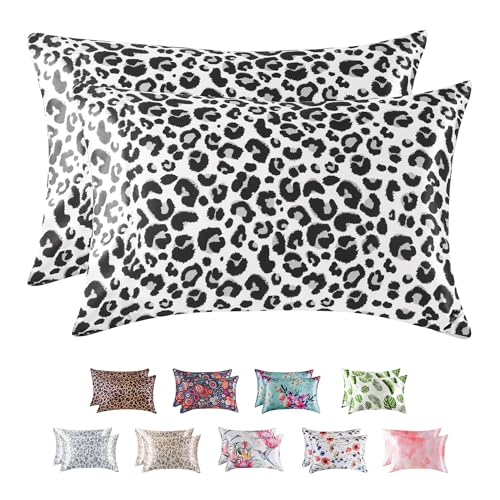 Image of MR&HM Satin Pillowcase for Hair and Skin, Silk Satin Pillowcase 2 Pack, Queen Size Pillow Cases Set of 2, Silky Pillow Cover with Envelope Closure (20x30, White Leopard)