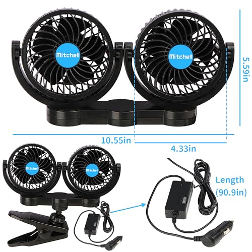 Alagoo 12V Car Fan, Adjustable 4 Inches Dual Head Car Clip Fan for Front/Rear Seat Passenger, 360° Rotatable Car Essentials Car Cooler Fan with Stepless Speed Regulation for Car/Vehicle SUV, RV