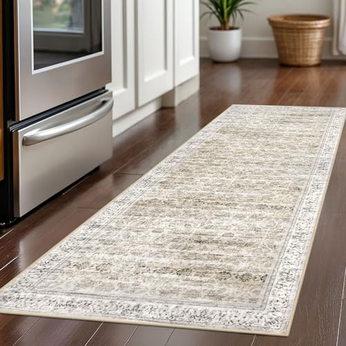 2x5 Washable Small Area Rug for Door mat Indoor, Beige Yellow White Soft Non-Slip Distressed Floral Low-Pile Kitchen Rugs, Neutral Vintage Carpet for Entrance Farmhouse
