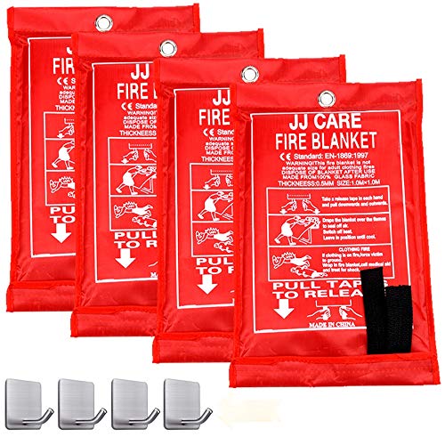 JJ Care Fire Blanket Pack 4 Fire Fighting Suppression Blanket Fiberglass Cloth Suitable