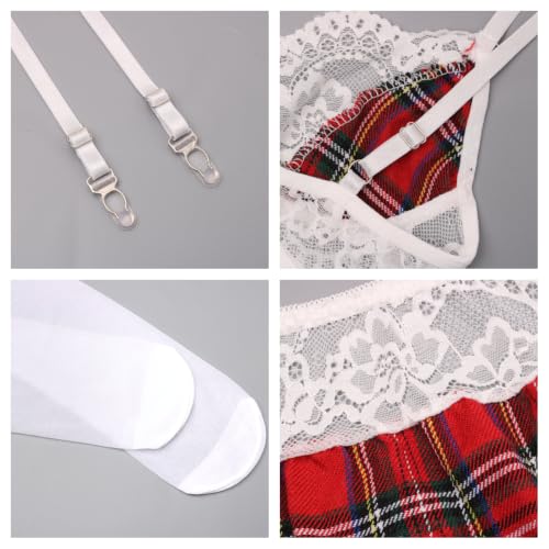 Damen Dessous Set Frauen Roleplay Lingerie Kostüme mit Tartan Faltenrock Karierte Minirock Unterwäsche Halloween Cosplay Outfit Nachtwäsche Kleid – Bild 4