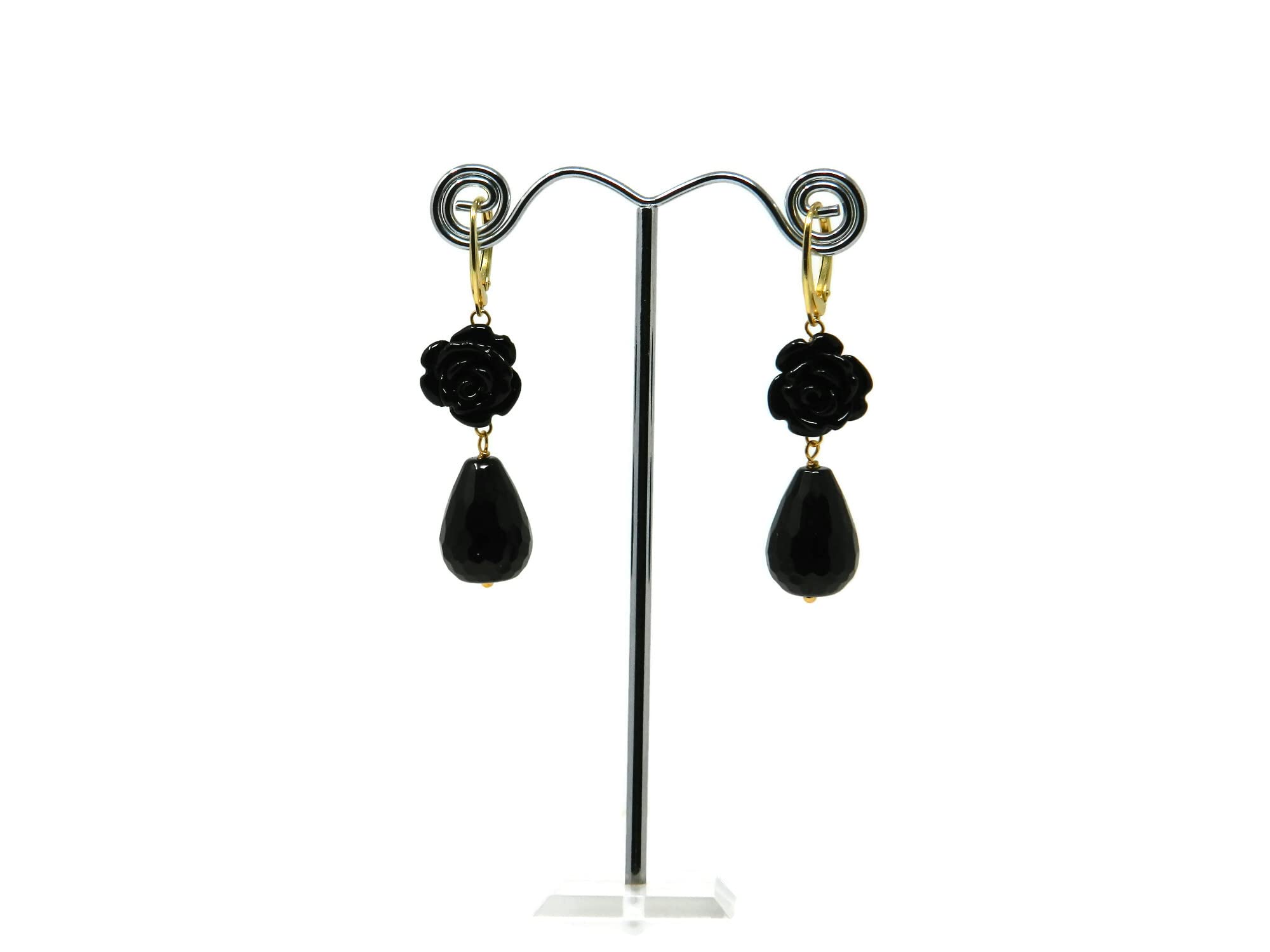 Orecchini Pendenti Donna in Resina Nera e Onice Naturale | Argento 925 Placcato Oro | Handmade Made in Italy | Anallergici e Nickel-Free | DodiGioielli
