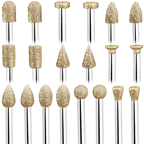 HOUYA Diamond Grinding Burr Bit Set, 1/8' Shank 20 PCS Cutting Burrs Bits Rotary Tool Accessories Fitment for Stone Carving,Wood Polishing, Plastic Glass Ceramics Grinding, Carving and Engraving