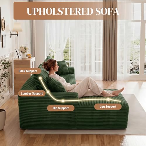 Image of 108 inch L Shaped Cloud Boneless Sectional Couches for Living Room, Modern Comfy Modular Deep Seat Memory Foam Compressed Corduroy Sofa Oversized Left Facing Chaise, No Assembly Required, Green