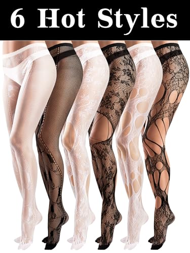 Image of Fourluoo 6 Pairs Women Fishnet Tights Lace Ripped Spider Web Fishnets Leggings Mesh Pantyhose Thigh High Stockings