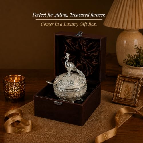 Image of Diviniti Silver Plated Peacock Sugar Pot with Lid | Decorative Storage Jar for Sugar, Mouth Fresheners & Dry Snacks | Luxury Home Decor Item for Dining Table, Kitchen & Gifting (White)
