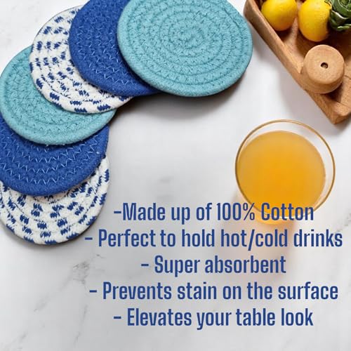 Image of Set of 6 Cotton Drink Coasters - Teal Blue Absorbent Table Mats for Hot & Cold Drinks, Round Fabric Coasters for Dining Table, Tea /Coffee /Cold Drinks- 10 cms