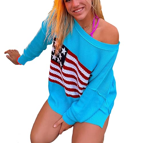 Image of KMBANGI Women American Flag Sweater Graphic Loose Vintage Long Sleeve Crewneck Knitted Jumper Top Patriotic Pullover