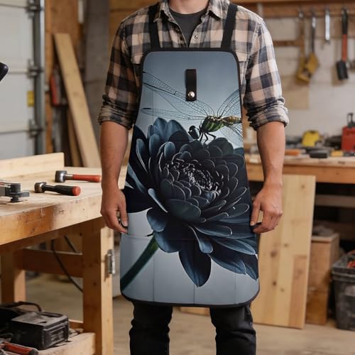 Delantal negro con flores y libélulas para taller miniatura 5