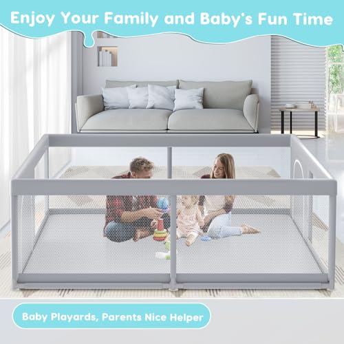 79" ×79" Extra Large Baby Playpen, Baby Playard for Babies and Toddlers, BabyFence Play Pens for Indoor & Outdoor, Sturdy Safety Play Yard with Soft Breathable Mesh, Anti-Fall, Grey