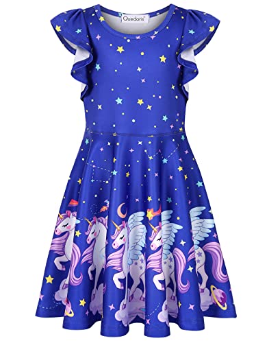 Quedoris Girls Twirly Printed Casual Party Dress Ruffle Sleeve Galaxy Unicorn Cap L #TOP3