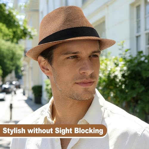 Image of Straw Fedora Hats for Men Women, 1920s Short Brim Trilby Panama Hat Summer Beach Sun Cap