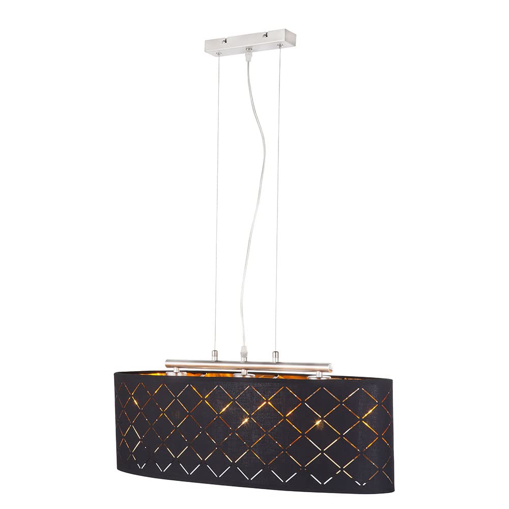 Deckenleuchte Lampe Wohnzimmer hängend schwarz gold Wohnzimmer hängend Hängelampe Esstisch, 3 Flammig Stanzungen, Metall Textil, 3x LED 7W 806Lm 2700K, LxBxH 65x25x140 cm