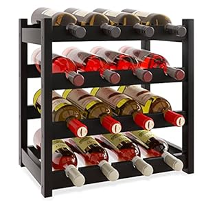 SMIBUY Bamboo Wine Rack, 16 Bottles Display Holder, 4-Tier Free Standing Storage Shelves for Kitchen, Pantry, Cellar, Bar (Black)