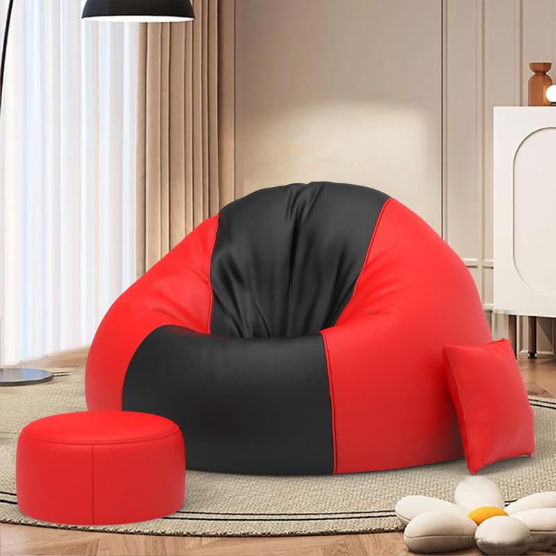 Image of Biggie Bean Bag Chair with Beans Filled 4XL Classic Comfort Bean Sofa-Crafted for Comfort-Styled for Modern Homes with Free Cushion & Footrest (Matching Color : Leatherette Black Red)