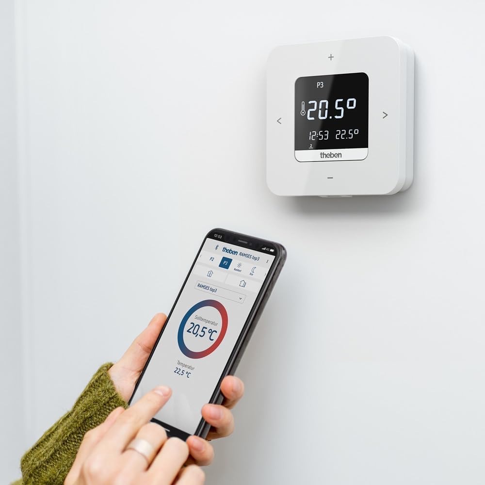 Theben 8120200 RAMSES 812 top3 cyfrowy termostat zegarowy wersja sieciowa | termostat pokojowy, obsługa na urządzeniu/aplikacją, Bluetooth BLE, wyświetlacz, 3 programy tygodniowe, sterowanie impulsowe