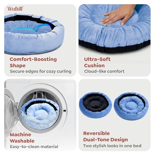Image of Velvet Dog Bed in Round Shape | Small 60 Cm | Premium Velvet Pet Bed for Cats and Puppies | Soft & Cozy Sleeping Bed for Dog with Removable Insert | Black & Sky Blue