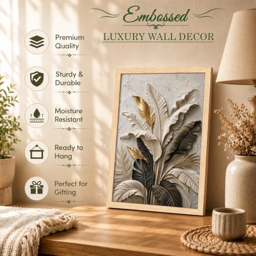 Image of PAINTINGMANTRA Textured Embossed Leaf Floral Framed Wall Art Painting for wall decoration, Neutral & Gold Tropical Leaf Motifs Flower Painting for Living room, bedroom, Office, 13x18 Inch
