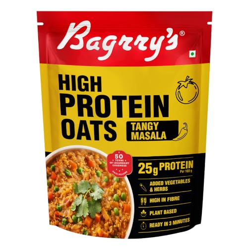 Image of Bagrry's High Protein Masala Oats 400g | 25g Plant Protein | Tangy Masala Flavour | Instant Savoury Oats | Wholegrain Breakfast Cereal with Real Veggies & Herbs | Protein Oats for Gym & Weight Management | No Palm Oil, No MSG, No Added Preservatives | Ready in 3 Minutes