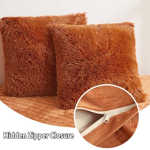 LIFEREVO 2 Pack Fluffy Faux Fur Pillow Shams, 18 x 18 Inches Throw Pillow Covers, Luxury Decorative Furry Pillowcases Cushion Cover for Christmas, Zipper Closure, No Pillow Insert, Burnt Orange - Image 6