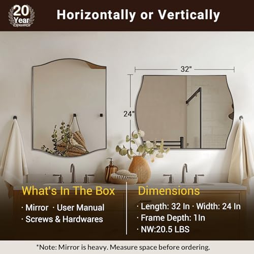 Image of ANDY STAR Scalloped Bathroom Mirror,24 inchx32 inch Brushed Nickel Rectangle Wall Mirror with Curved Edge Stainless Steel Metal Frame, Silver Vanity Wall-Mounted Mirror for Bathroom, Entryway