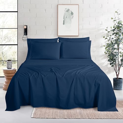 Image of Mocassi Luxury 4-Piece Sheet Set, Ultra Soft 1800 Premium Hotel Quality Microfiber Sheet Set, Fits Mattresses Up to 18 to 24 Inches Extra Deep Pocket - Breathable and Secure Fit, Twin XL, Navy Blue