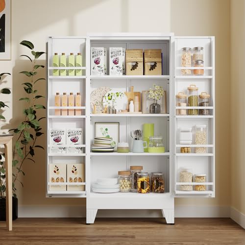 Image of winiowa Metal Kitchen Pantry Storage Cabinet, Pantry Cabinet with Doors and Adjustable Shelves, Steel Storage Cabinet for Kitchen, Dining Room, Living Room-White