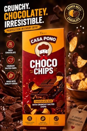 Image of Casa Pono Choco Chips Chocolate Bar with Crunchy Salted Potato Chips | Premium Milk Chocolate | Crispy & Crunchy Snack | Imported from UAE | 200g