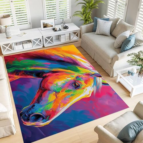 Tapis de salon peinture tête de cheval lavable orange
