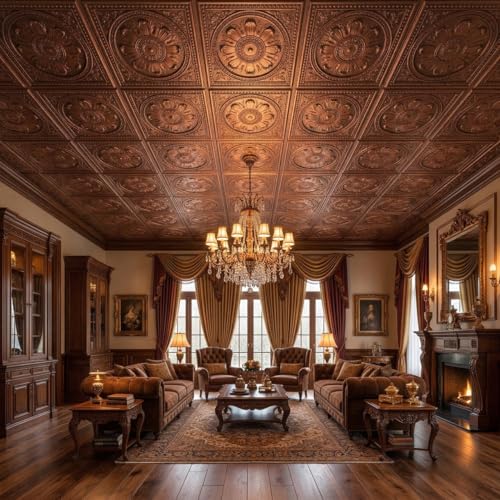Image of Kayra Decor PVC Ceiling Panel 2x2 Feet (60x60 cm) - Regal Ornate Design, Red Copper | Pack of 12 3D Decorative Ceiling & Wall Panels | Waterproof Home Interior Decor