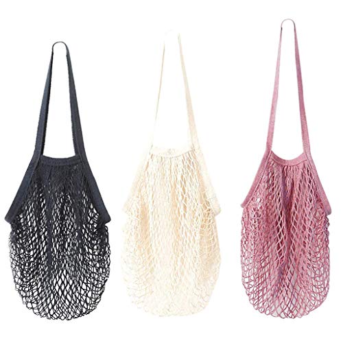 Lot de 3 sacs de rangement en maille de coton - Portables et réutilisables - Idéal pour les courses, le shopping, etc - Longue anse Cover