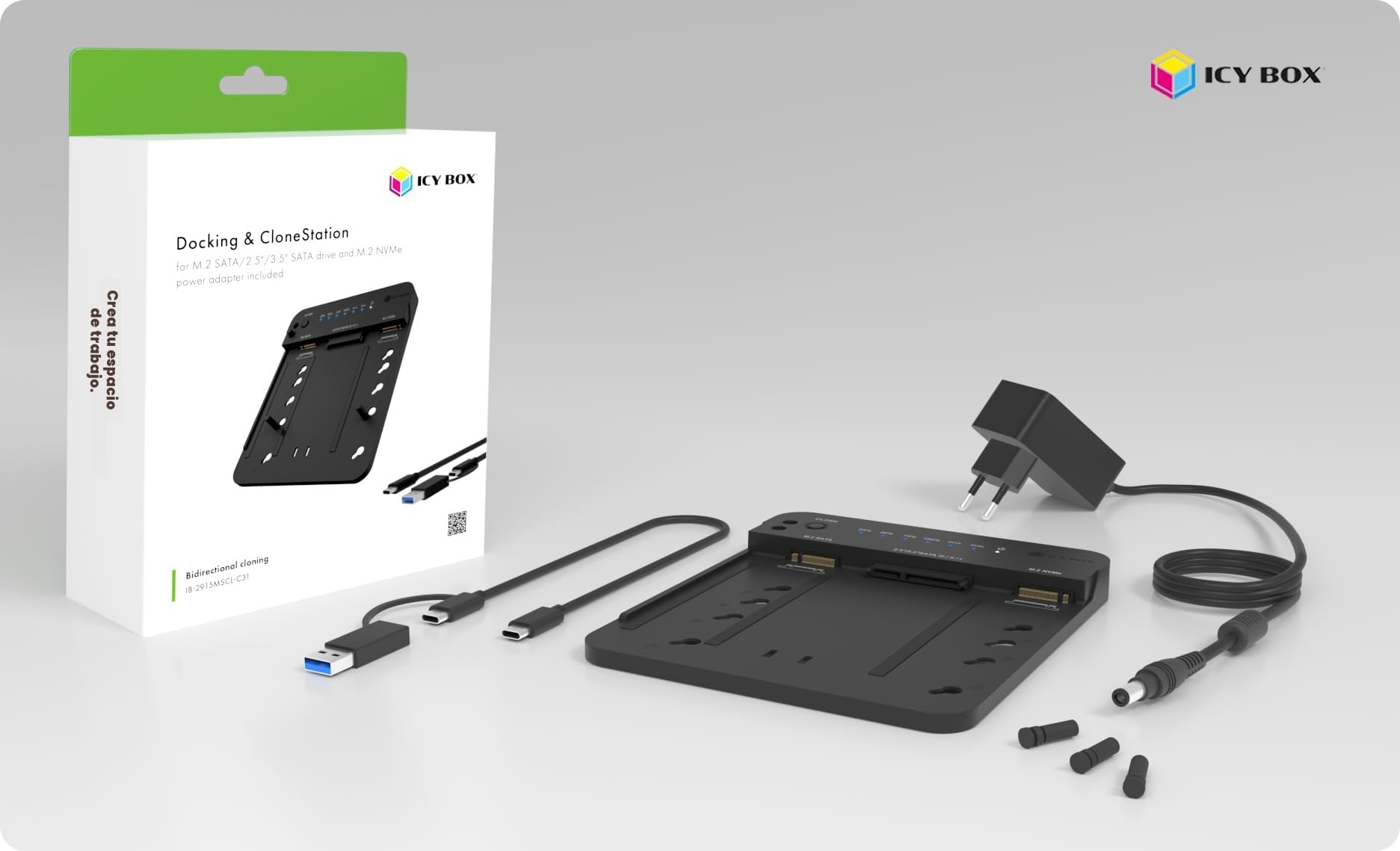 Icy Box HDD/M.2 NVMe SSD Docking Station USB 3.2 Gen 2 (10 Gbps), estación de clonación y Lector de Discos Duros (SATA 2,5/3,5 Pulgadas y M.2 NVMe/SATA SSD), clonación bidireccional, USB-C y USB-A,